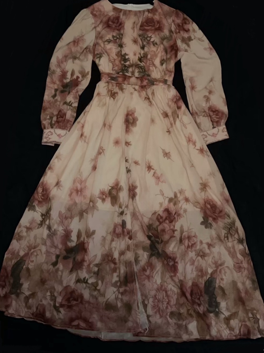 Long Sleeve Floral Midi Dress in Ivory and Dusty Rose